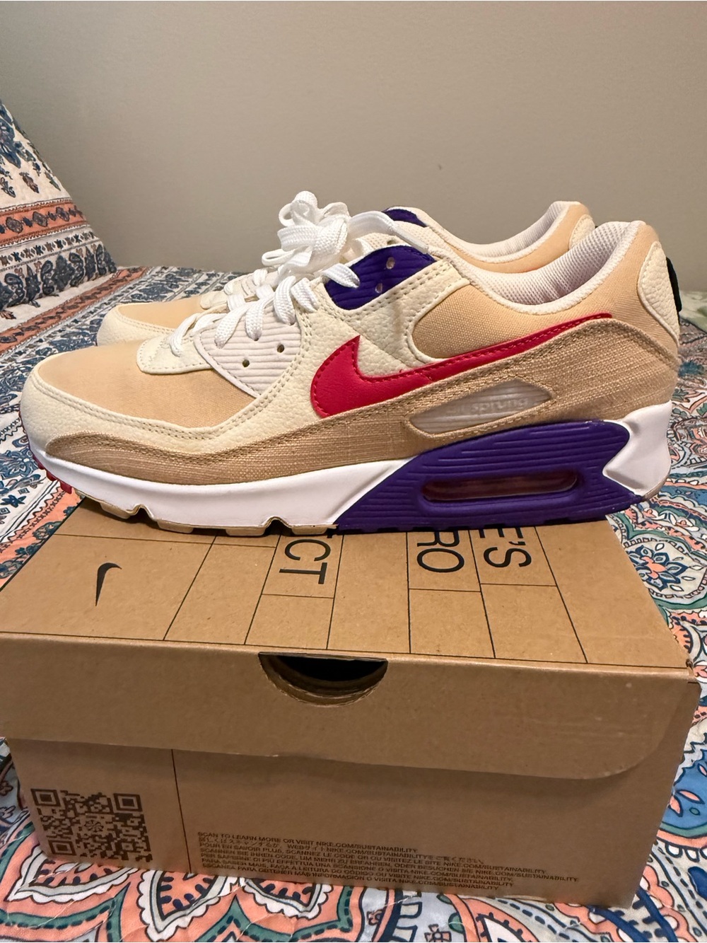 Nike Air Max 90 Beige Cream with Pink Swoosh and Purple Accents